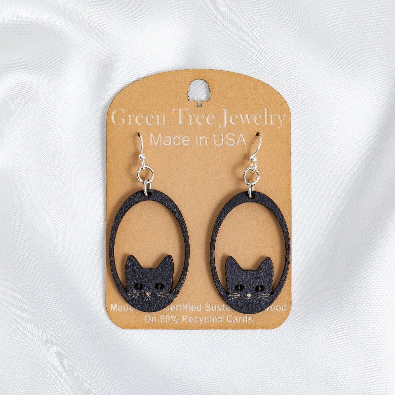 Sneaky Black Cat Wooden Earrings