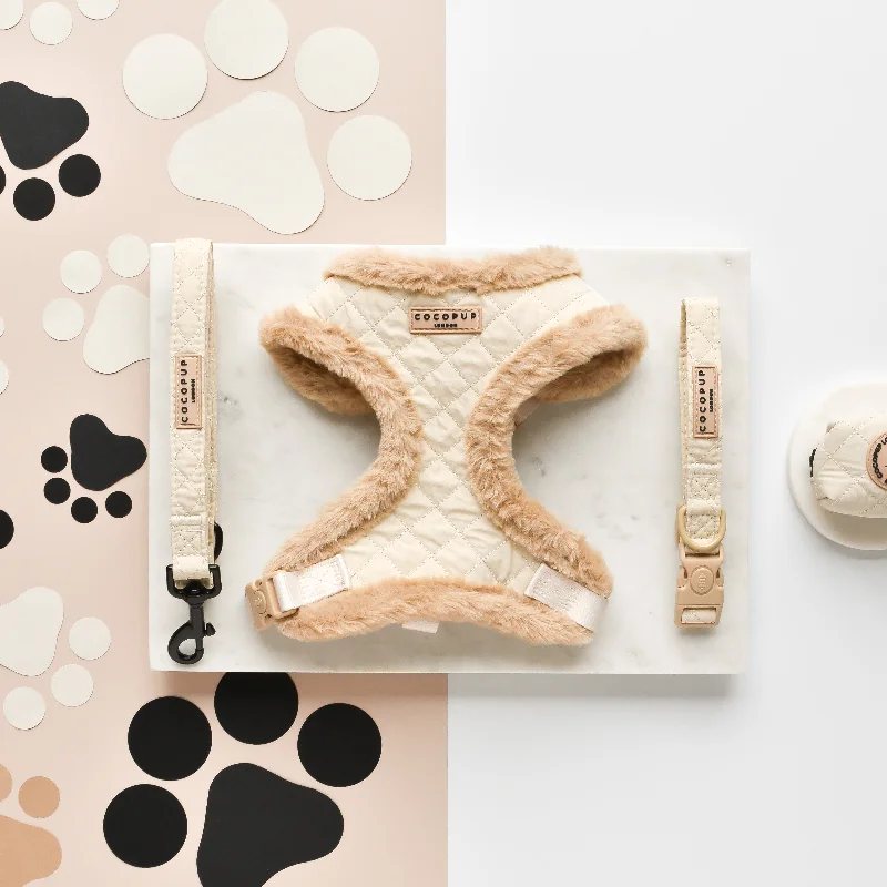 Cream Quilted Adjustable Neck Harness, Lead & Collar Bundle