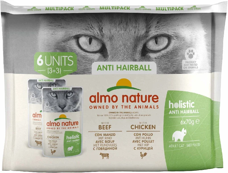 ALMO NATURE HOLISTIC Pachet plicuri pisici anti-Hairball, cu vită şi pui 6 x 70g