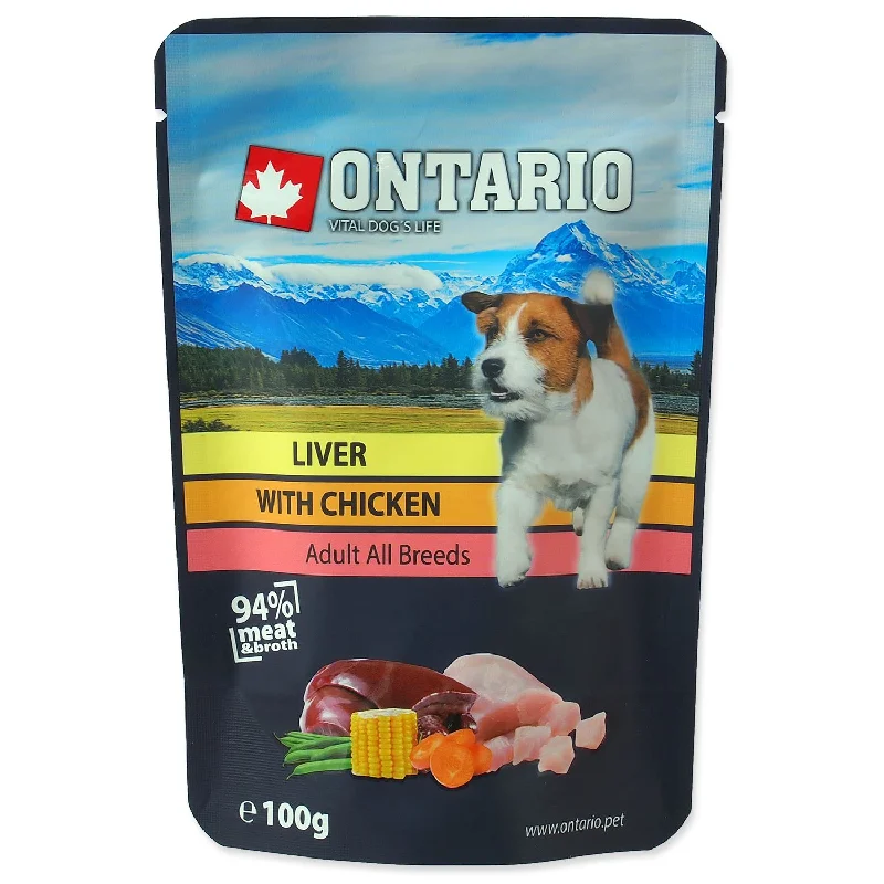 ONTARIO Dog, vrećica, piletina s pilećom jetrom i povrćem, u temeljcu, 100g