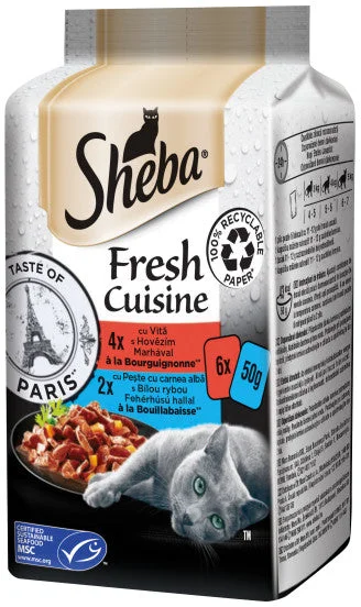 SHEBA Fresh Cuisine plicuri selecţii de Vită şi Peşte, pentru pisici 6x50g