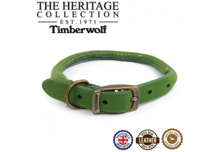 Ancol - Timberwolf Round Leather Collar - Green - 28-36cm (Size 3)