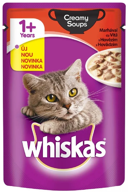 WHISKAS Plic hrană umedă pentru pisici adulte Creamy Soup Vită 85g